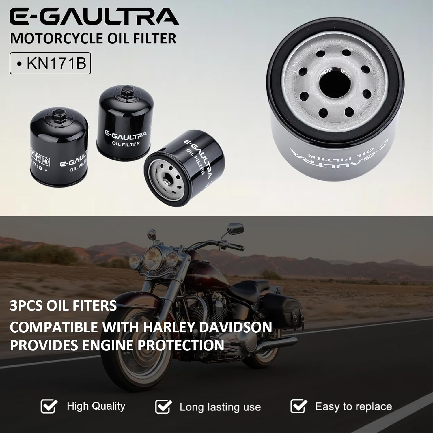 KN171B Motorcycle Oil Filter (3-Piece), Compatible with Harley Davidson Motorcycles, Fit for Fat Boy 2000-2021, for Street Bob 2007-2021, for Electra Glide 1999-2021, for Road King 1999-2021