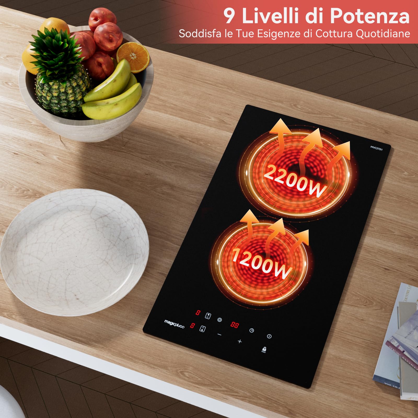 magicplux Piastra Cottura Vetroceramica 2 Zone, 3400 W, 29,5 cm, 9 Livelli di Calore, Controllo Tattile, Blocco Bambini, Timer 1-99 Min, Compatibile con Tutte le Pentole, con Spina