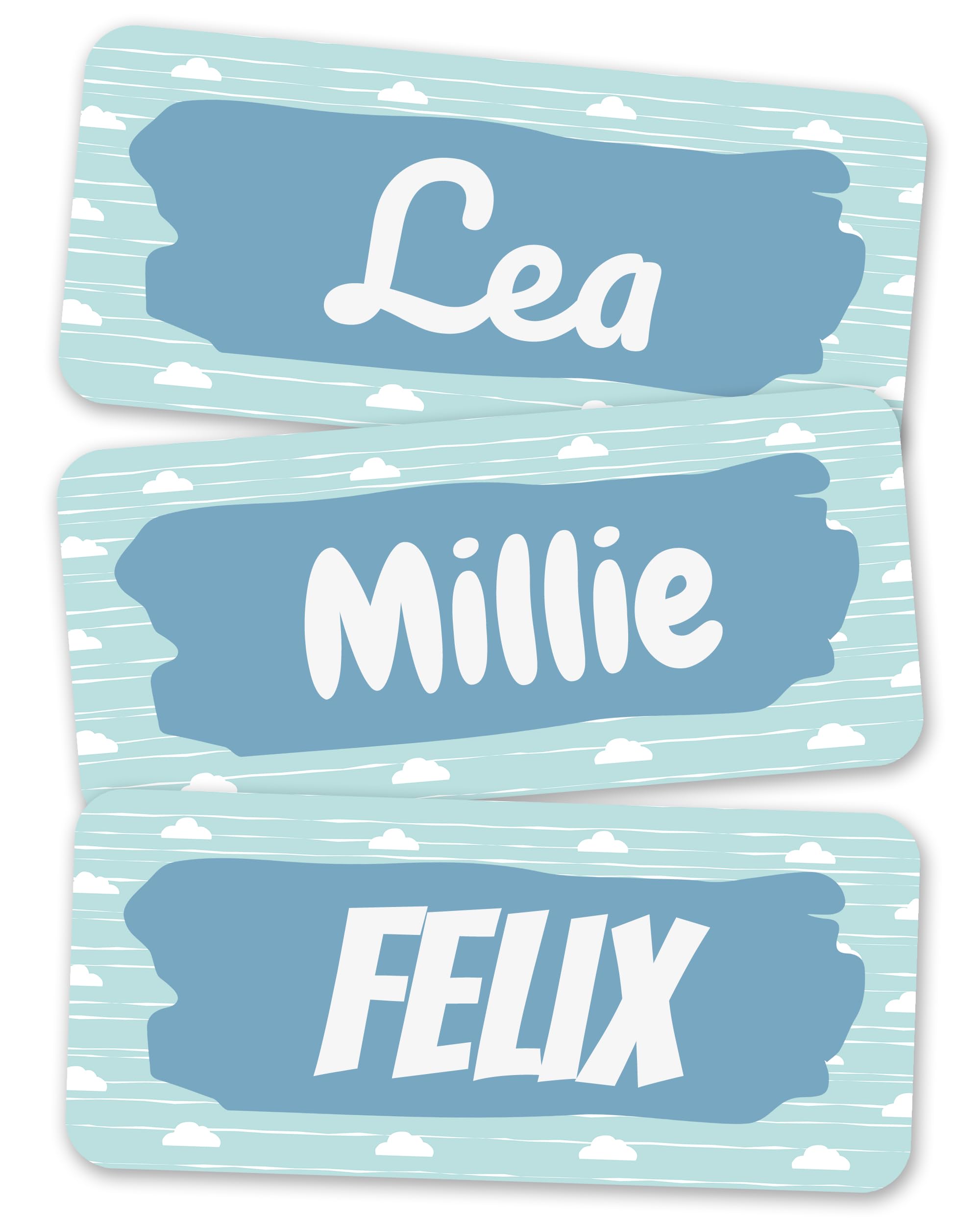 melu kids® Name Labels for Clothes & Items (60 Pieces) Personalised and Washable Kids Name Stickers, Stick on Tags (Clouds)