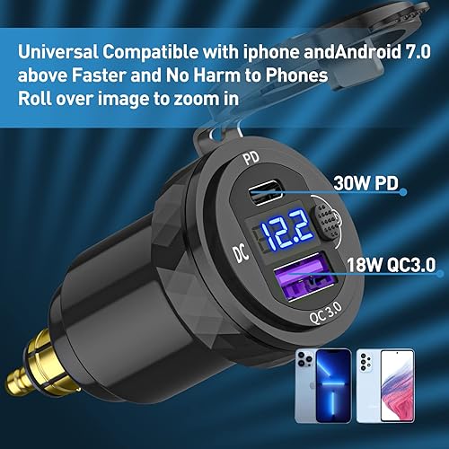 Miniatura 2 de Cllena DIN Hella Plug a USB C PD 3.0 y QC 3.0 Cargador USB Adaptador de corriente con voltímetro e interruptor de encendido y apagado para