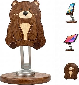 Cartoon Phone Stand, Wooden Adjustable Holder for iPhone, Tablets or Gift | Solid maple desk organizer, 360 Rotation & foldable, Non-slip, Bear style, Cute decor for home office, Sturdy and durable