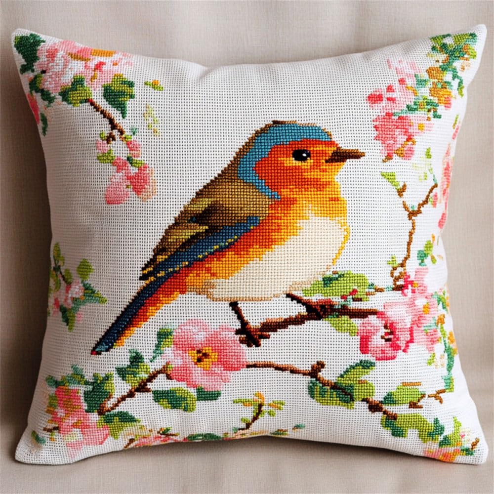 ORLUMY DIY Latch Hook Kitslatch Hook Kits Pink Robin Latch Hook Kits for DIY Throw Pillow Cover Craft Kits with Printed Canvas 17X17 Inch