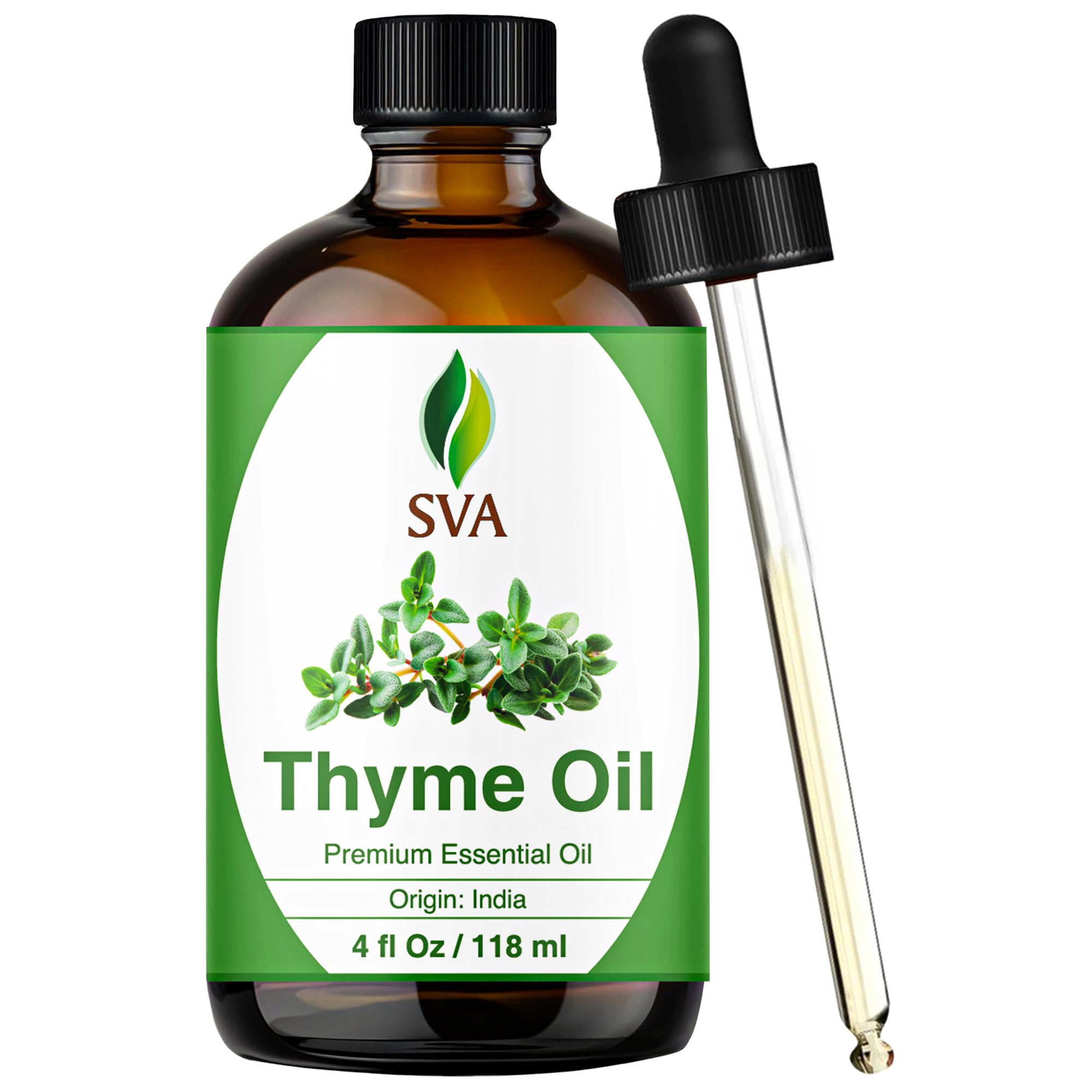 SVA Thyme Essential Oil – 4 Fl Oz – 100% Natural Thyme Oil - for Diffuser, Hair Care, Face, Skin Care, Aromatherapy, Scalp and Body Massage, Soap and Candle Making – with Dropper