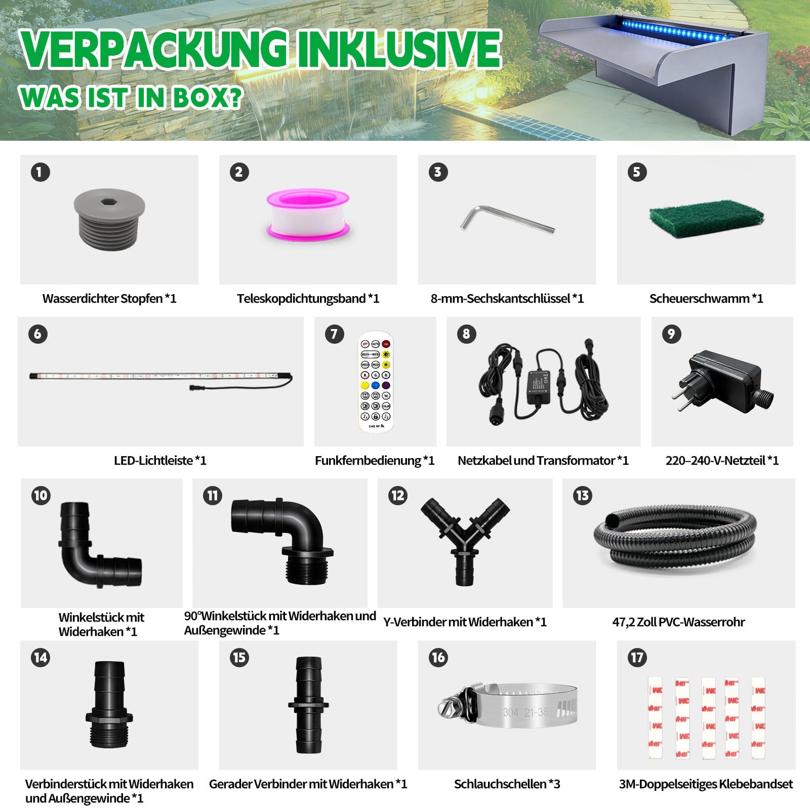 LONGRUN Hoja curvada de cascada para estanque de 30 cm con luz LED RGB Bluetooth, kits completos de cascada y flujo de acrílico, sin placa de cubierta