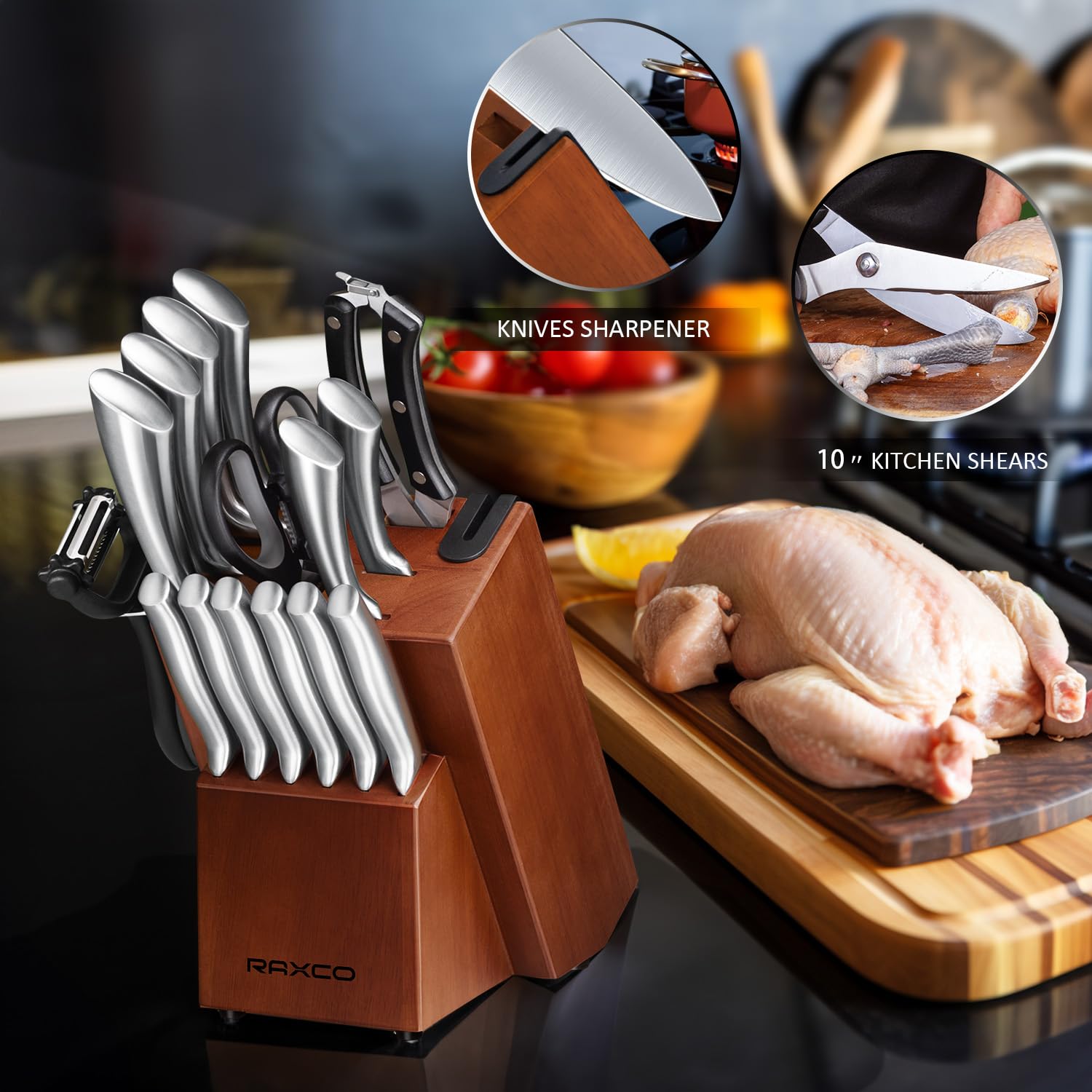 RAXCO Messerblock Set, 18-teiliges Edelstahl Küchenmesser Set - Steakmesser Set, Professionelle Küchenmesser Sets mit Block und Schärfer