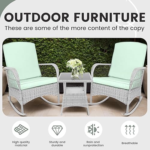 Miniatura 2 de LEVELEVE - Juego de 3 sillas mecedoras de bistró de mimbre de polietileno y mesa de cristal para exteriores, ideal para porche, jardín, terraza o