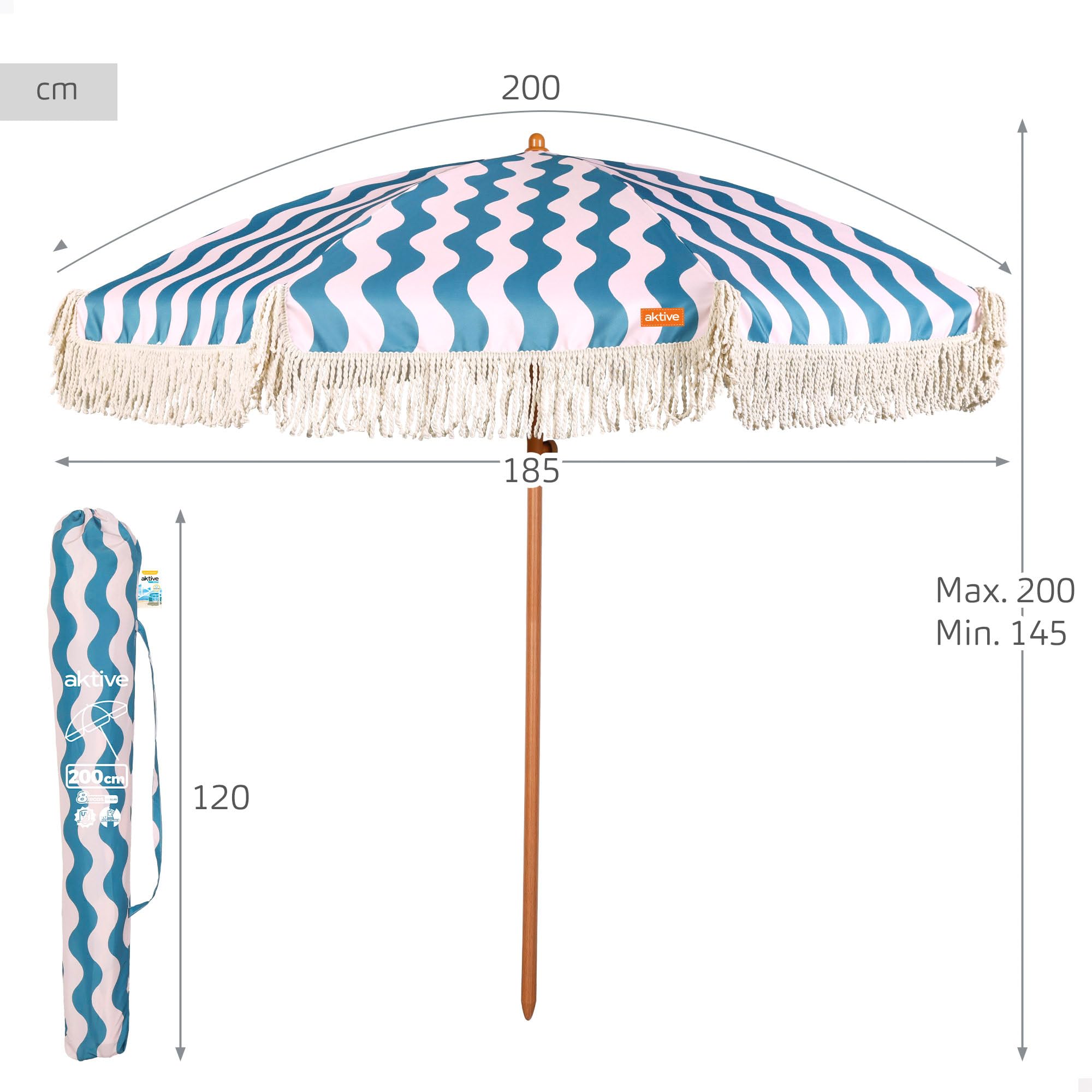 AKTIVE Parasol de plage, diamètre 200 cm, style rétro avec franges, 8 baleines, protection UV50, polyester, mât en acier effet bois 28/32 mm, housse de transport avec bandoulière incluse (62479)