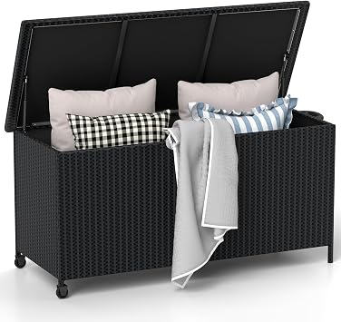RELAX4LIFE 85-Gallon Deck Box with Wheels - Wicker Rattan Storage Bin Container w/Waterproof Liner & Gas Strut for Patio Cushions, Garden Tools, Pool Supplies, Indoor Outdoor Storage Box Black