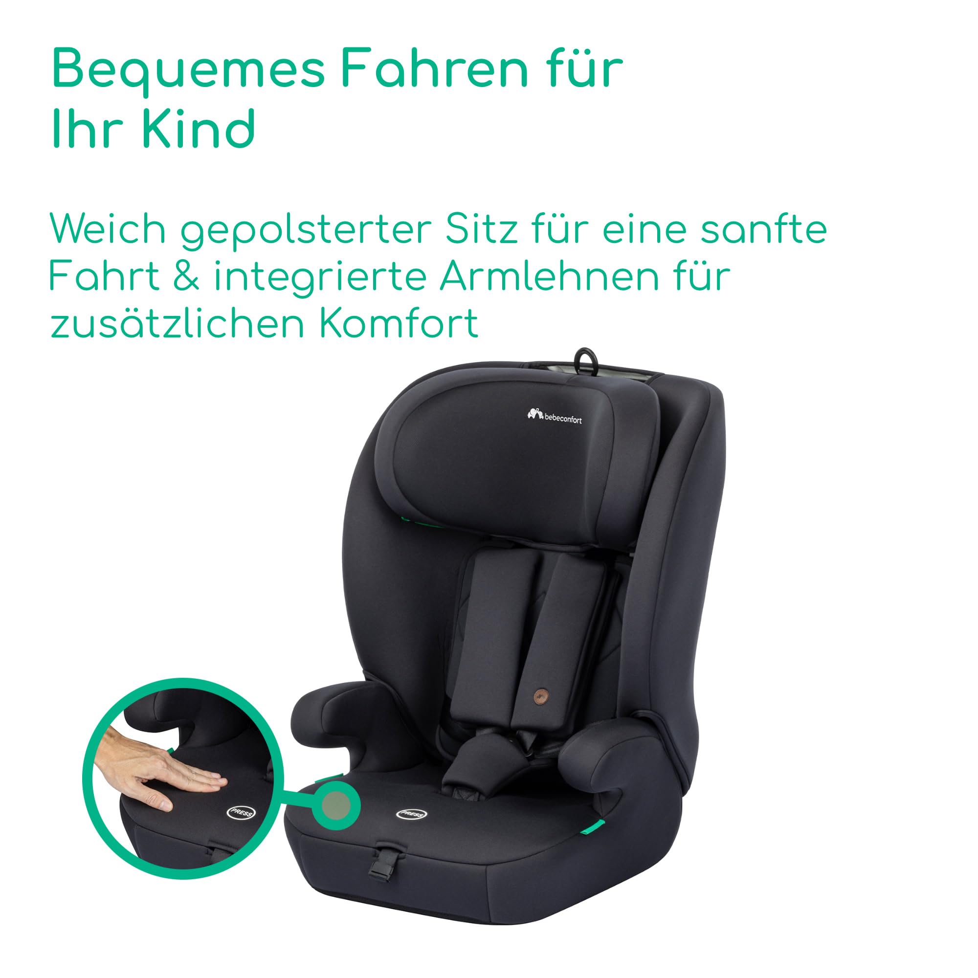 Bebeconfort Ever i-Safe, Mitwachsender Kindersitz 9-36 kg, 15 M.–12 J., 76–150cm, Kindersitzerhöhung, R129-Sicherheit, Seitenaufprallschutz, 11 Kopfstützenpositionen, Integrierte Armlehnen, Full Black