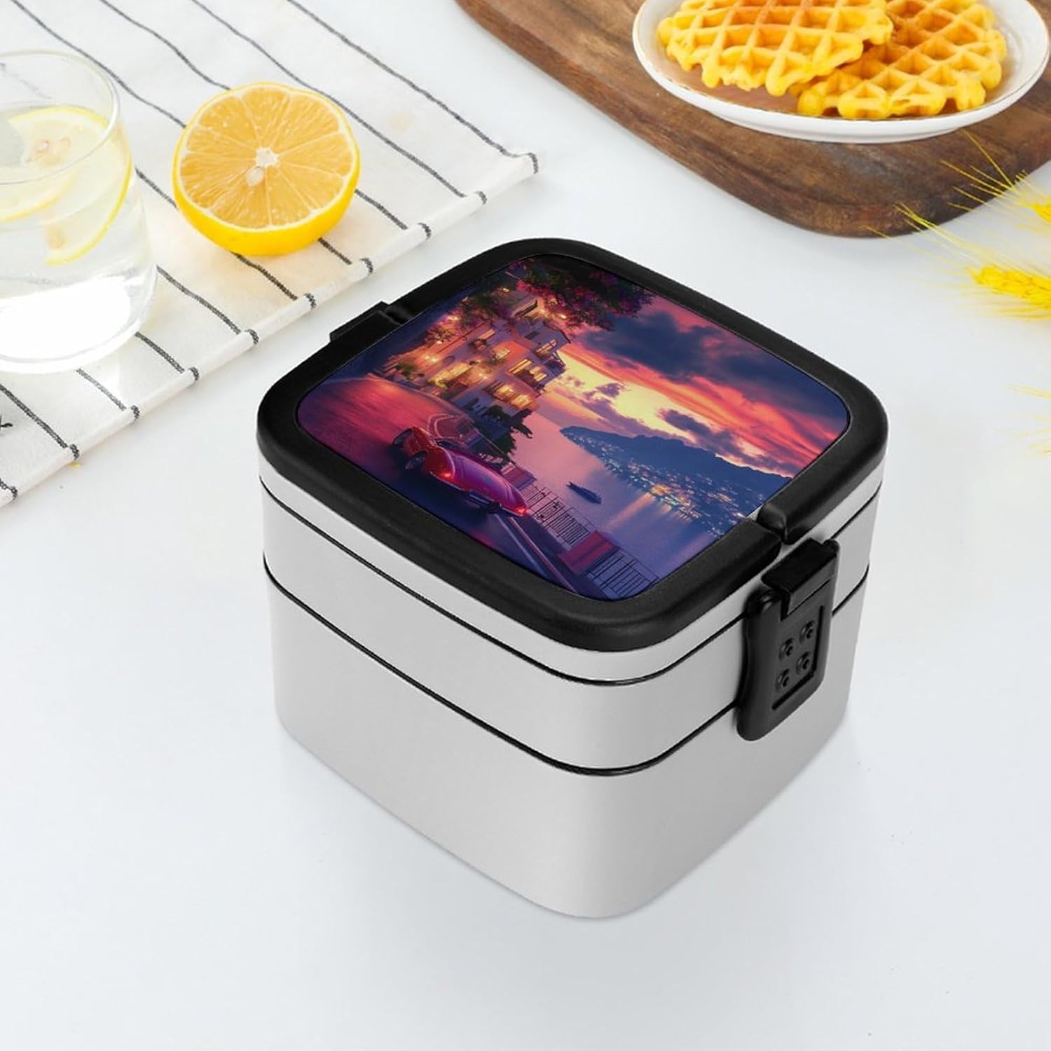 Sunset View Amalfi Coast Italy Bento Box with Spoon 2 Layer Food Container Cute Lunch Box for Travel Dining Work