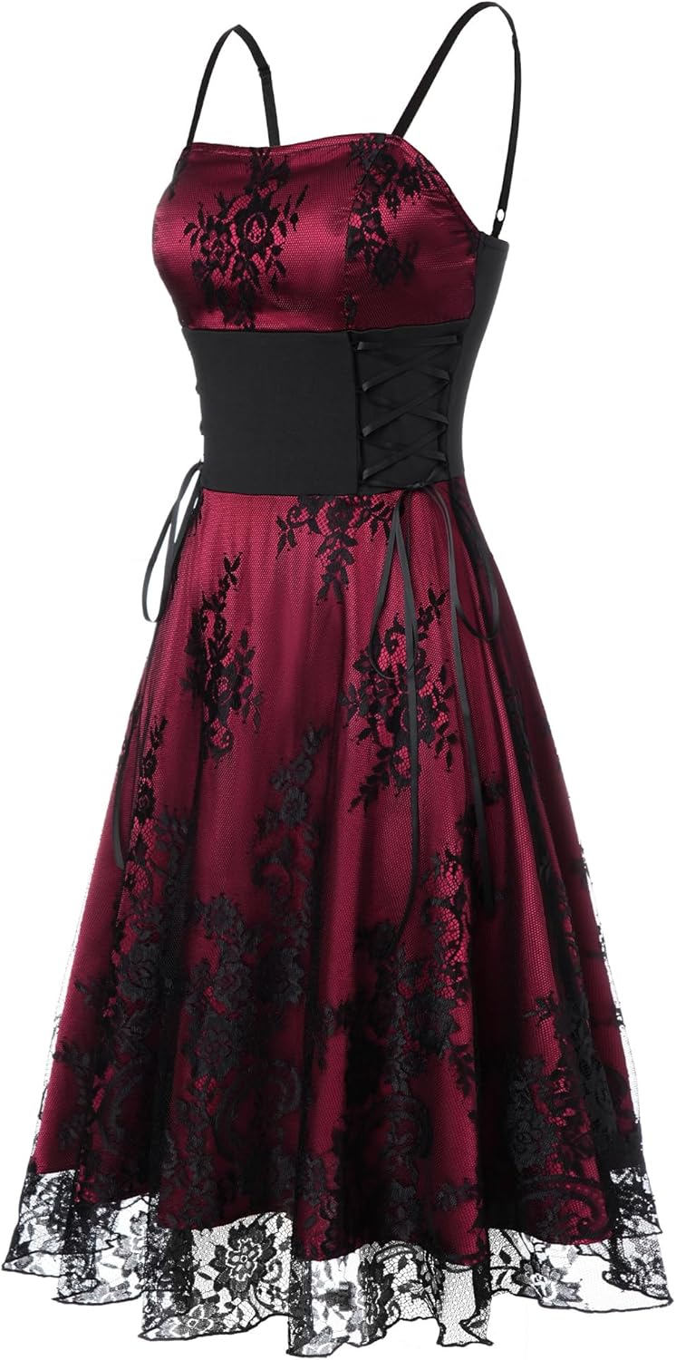 FEOYA Gothic Corset Dresses for Women Long Sexy Spaghetti Strap Lace Vampire Steampunk Dress Vintage Halloween Costume