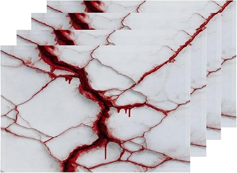 Shrahala Cracked Porcelain Blood Red Drips Set of 4 12 X 18 Inch Linen Placemats, White Cracks with Resin Burlap Table Mat Washable Double Layered Heat Insulation for Indoor/Outdoor