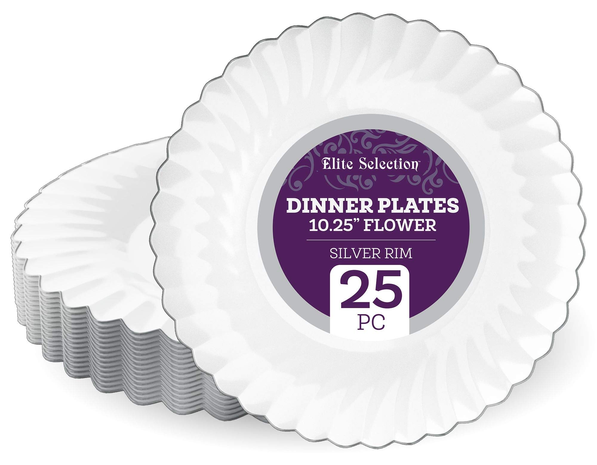elite selection pack of 25 white disposable party plastic plates with silver flower rim (10.25 in plate silver rim)
