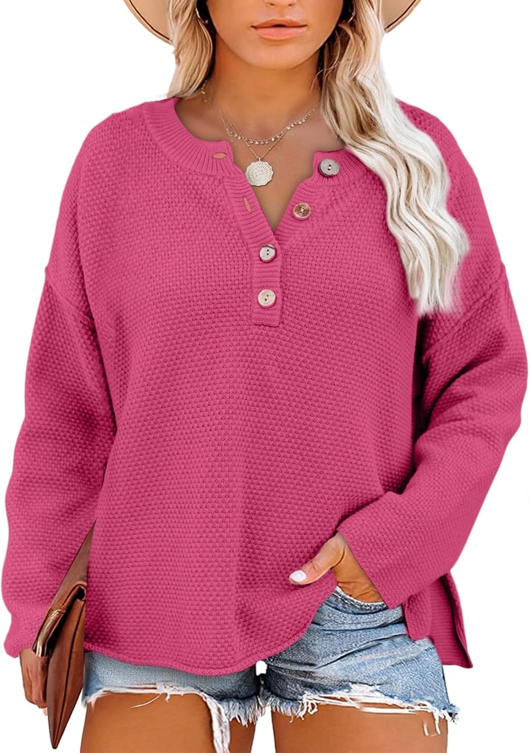 Eytino Womens Plus Size Sweaters Casual Long Sleeve Loose V Neck Button Henley Tops Pullover Knit Jumpers,(1X-5X)