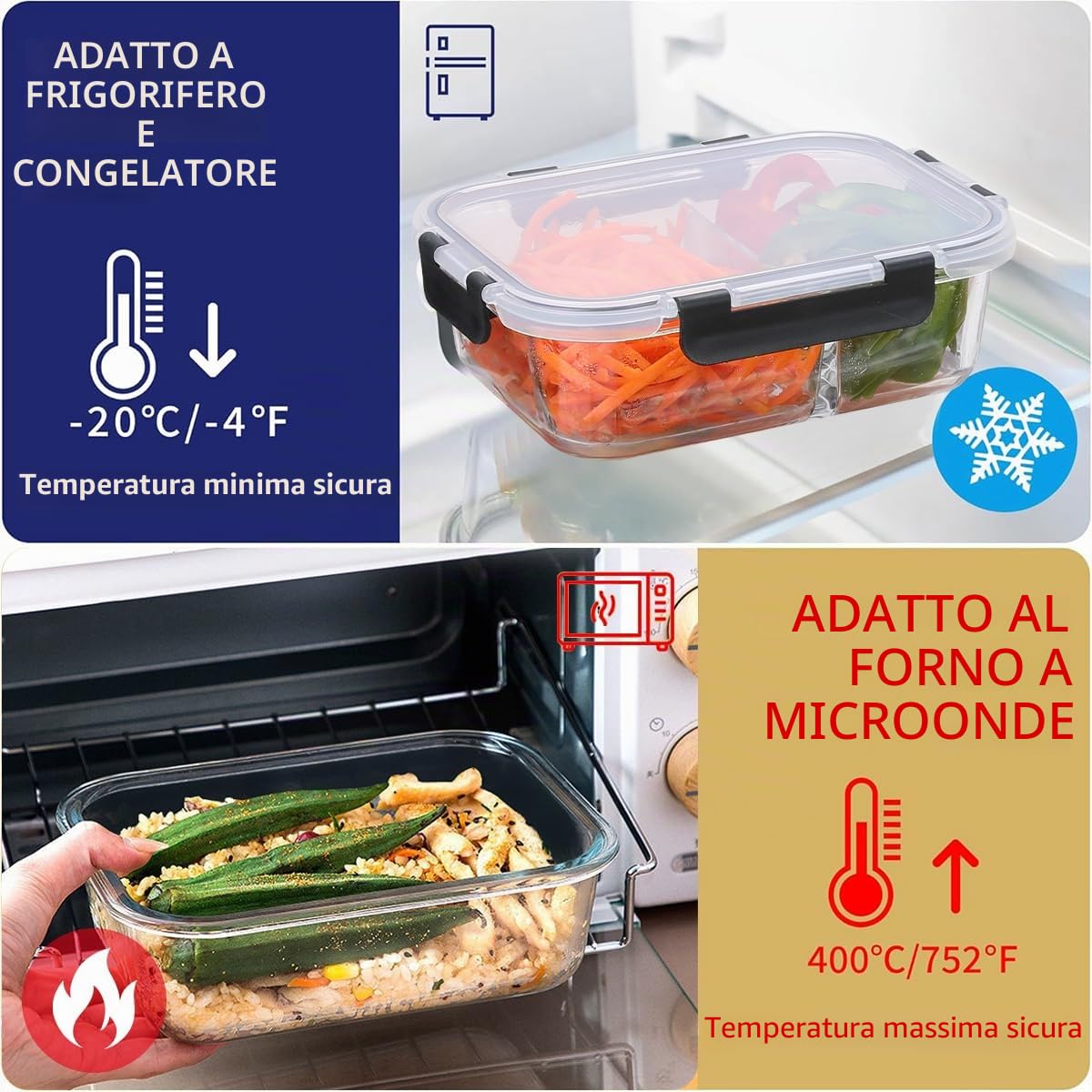 Meal Prep Box - Set di 3 contenitori per alimenti con coperchio, 1040 ml, 1 & 2 e 3 scomparti, per controllo delle porzioni, ermetici, per forno e congelatore