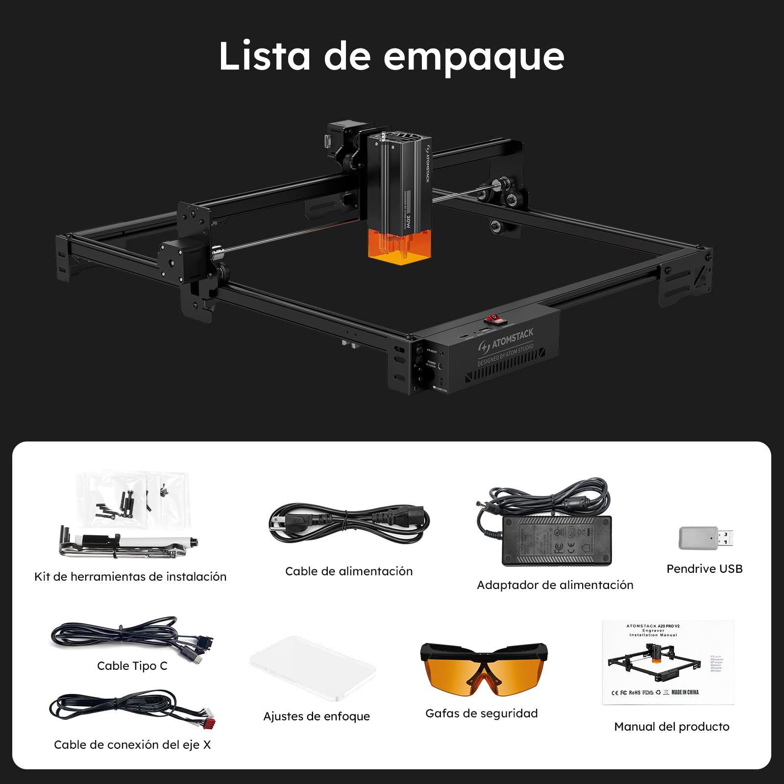 ATOMSTACK SWIFT A20 PRO V2 20W Grabadora Láser Área de Grabado: 410×380 mm Cortadora Láser de Alta Precisión Para Regalos Personalizados Madera Metal Acrílico Cuero (SWIFT A20 PRO V2 20W Negro)