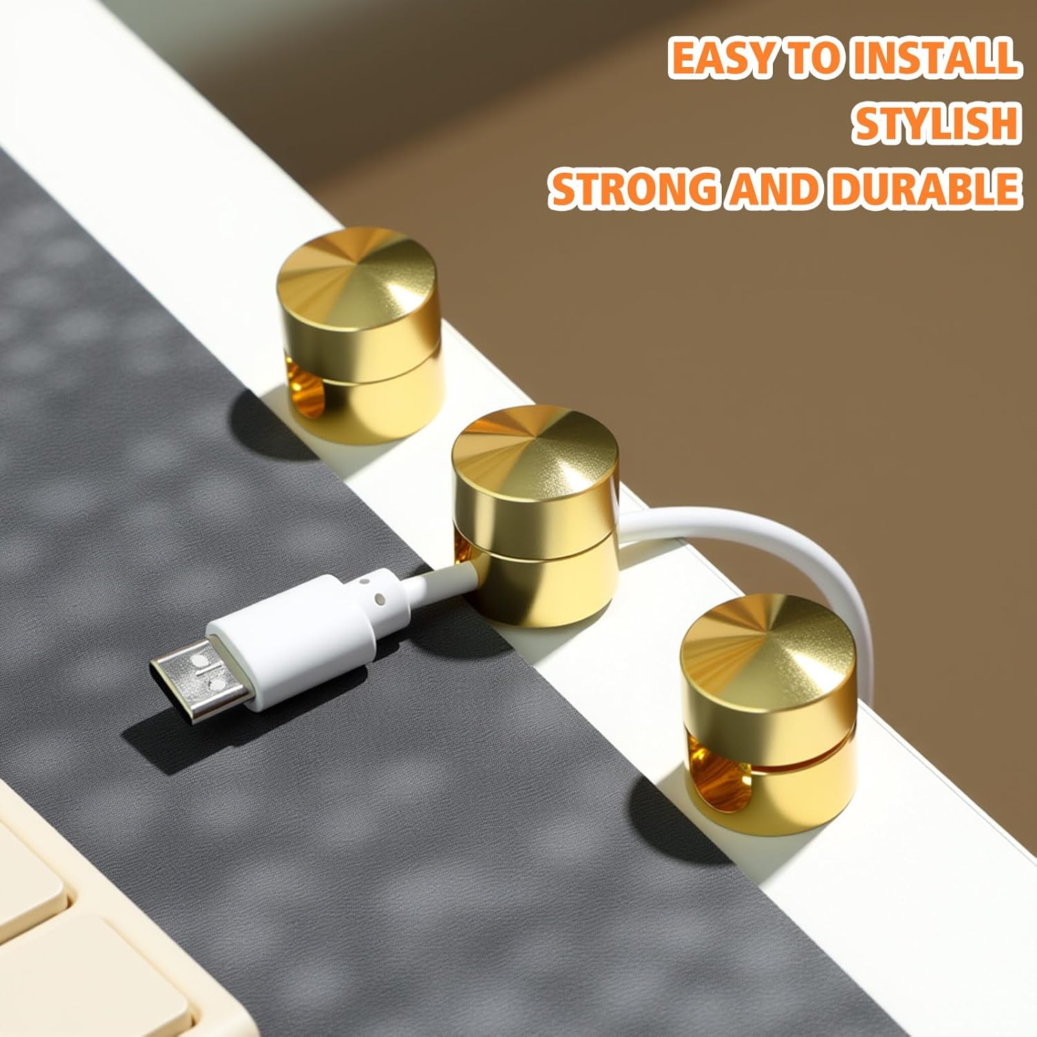 EBOOT 12 Pcs Gold Cord Holder for Nightstand,Metal Aluminum Phone Holder,Adhesive Adjustable 2-in-1 Cord Clips,Cable Management Wire Organizers for Desktop,Nightstand,Home,Office,Wall