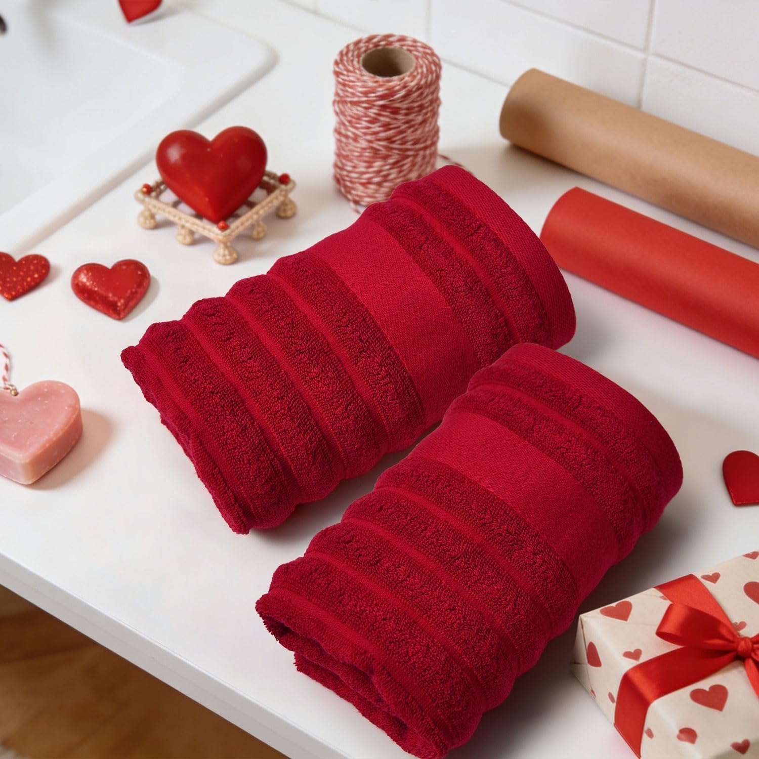 Jacquotha Red Hand Towels for Bathroom Ribbed - Set of 2, Decorative Cotton Textured Towels for Valentines Day Festive Decor Gifts, 13x29 Inches - Image 2