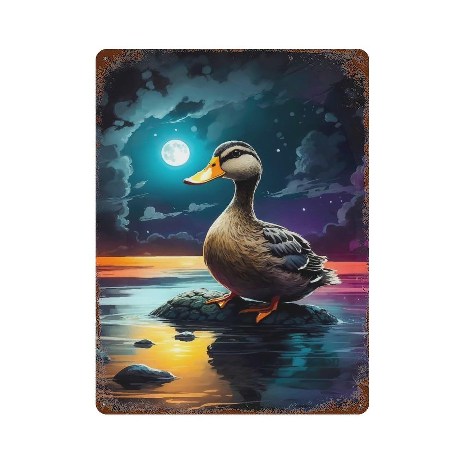 Aged Metal Wall Plaque with Lake Duck Design 15.7"x11.8", for Basement, Hobby Room And Garage Decor, Farmhouse Wall Decor