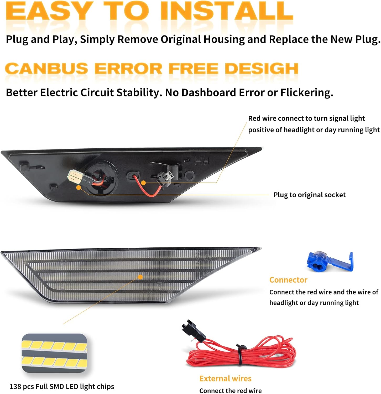 Gempro Switchback LED Side Marker Lights Sequential Turn Signal Lamps Replacement for 2016-2021 Honda Civic White & Dynamic Amber Front Fender Bumper Reflector Clear Len, 2 Packs