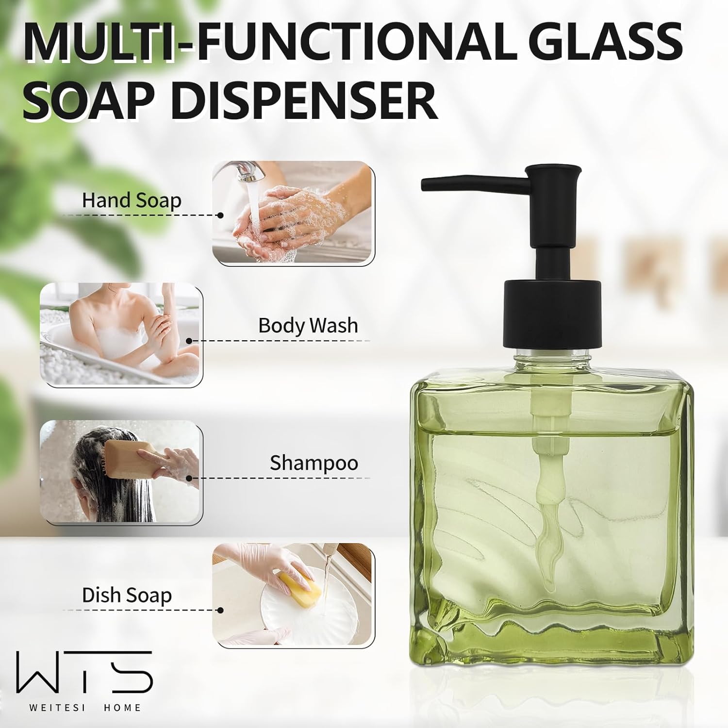 Green Square Glass Soap Dispenser with Black Rust Proof Pump, Refillable Liquid Hand soap Dispenser Bathroom, Kitchen Dish Soap Bottle Countertop - Image 5