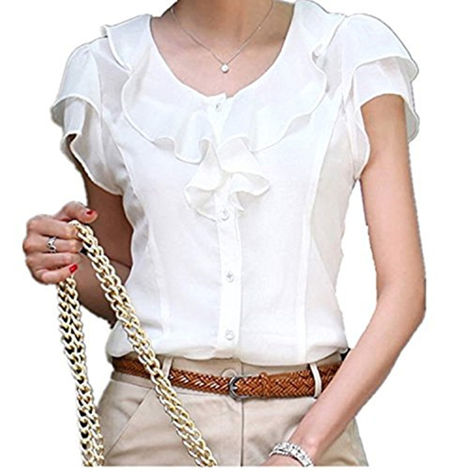 Women Slim Button Down Shirts fit Ruffles OL Business Plus Size Blouse Top Shirt