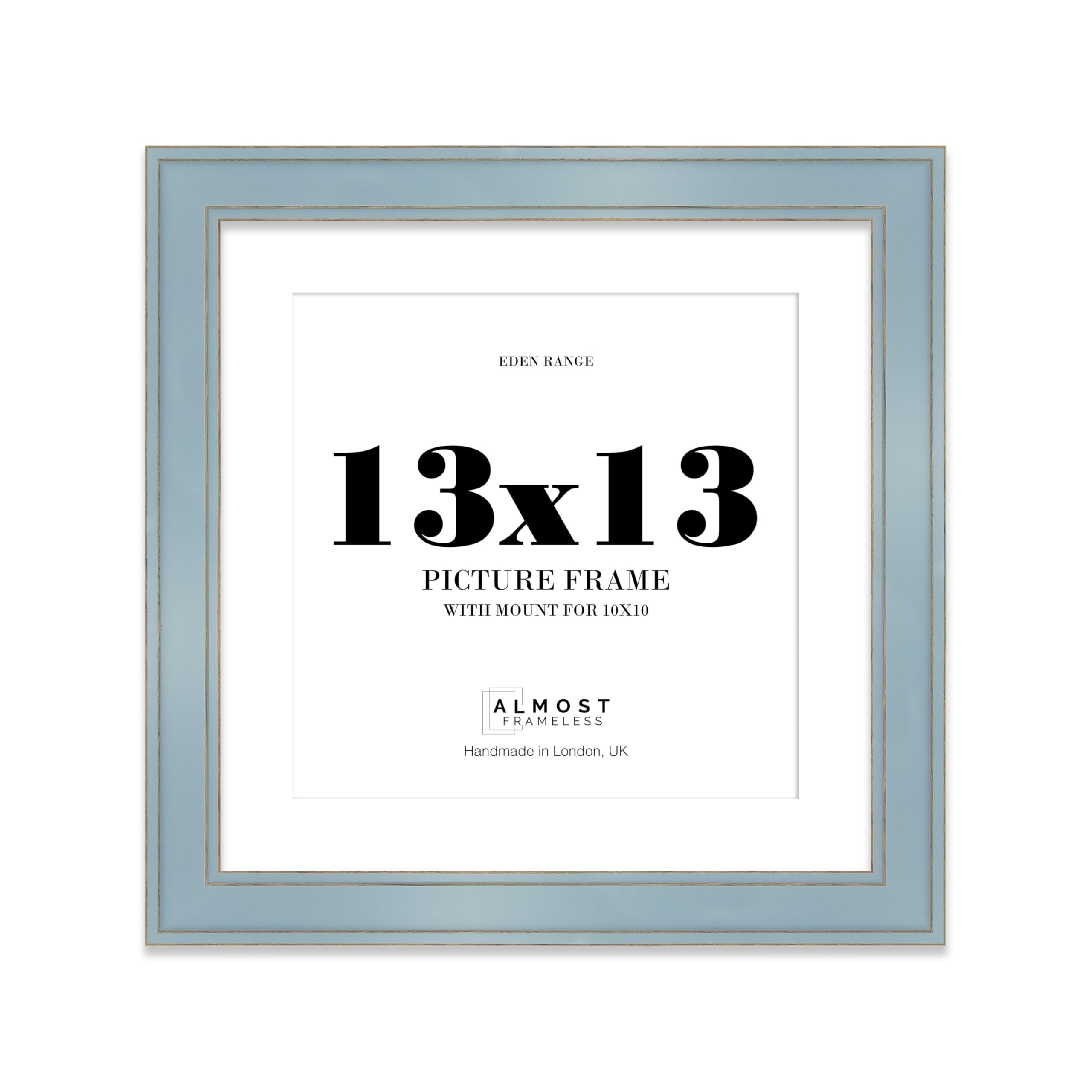 13x13" Cornflower Blue Square Picture Frame with 10x10" Mount - Shabby Chic Photo Frame with Distressed Finish, Gold Trim, Wall Hooks, 37mm Edge - 1 Pack
