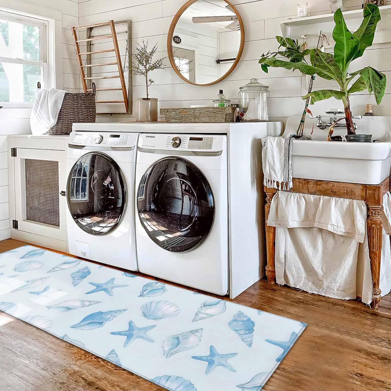 Kitchen Mats for Floor Coastal Starfish Shell Conch Washable Non Slip Kitchen Rugs 2PCS, Blue Marine Creature Ocean Theme Absorbent Standing Mats for Sink Office Living Room 15.7x23.6in+15.7x47.2in