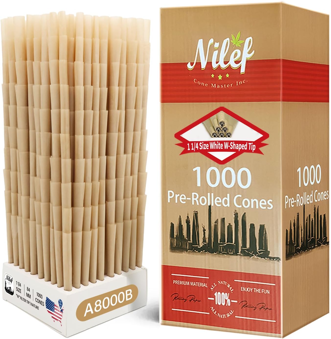Pre Rolled Cones 1000 Packs |1 1/4 Size 84mm/26mm | Natural Brown | "W " Shape Tip | Bulk Pre Rolled Cones | Blank No Logo | Natural Unbleached Rolling Papers (A8000B)