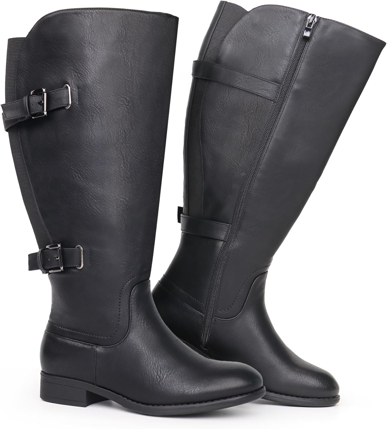 Women's Classic Extra Wide Calf Flat Heel Double Buckle Back Stretch Knee High Boots
