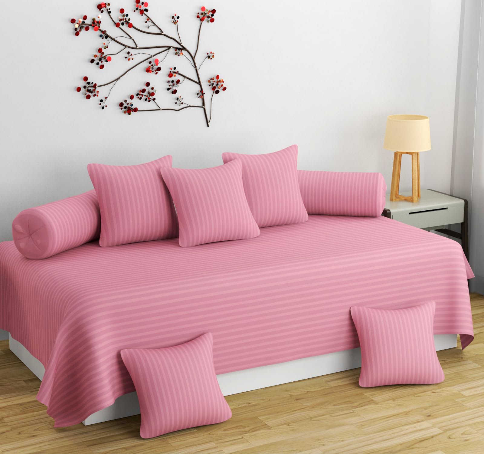 Homefab India 160 TC Stripe Glace Cotton Diwan Set - 8 Piece - Baby Pink