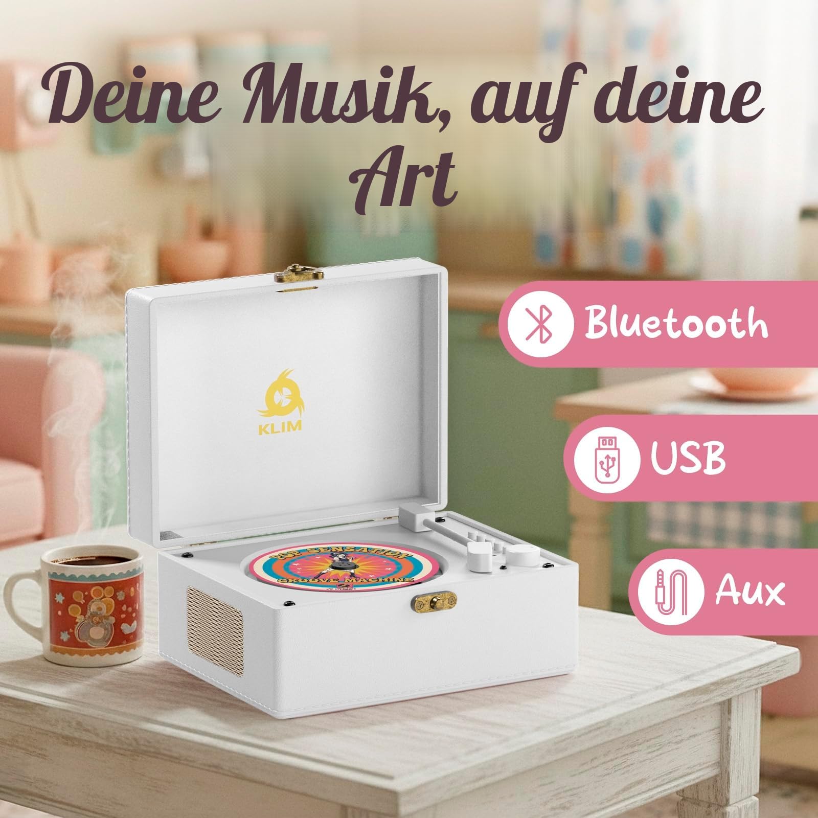 KLIM Retro CD Player – Tragbarer CD-Player mit Lautsprecher, Bluetooth-Empfänger, AUX, USB, Akku, Retro-Design, für Zuhause und Dekoration – Weiß