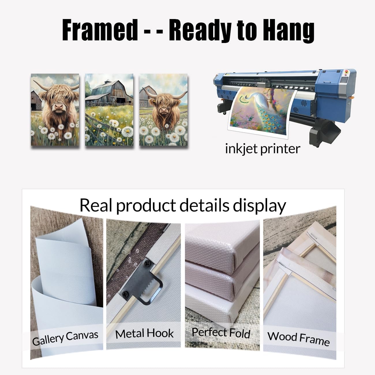 BJYCHG Highland Cow Canvas Wall Art Farmhouse Barn Wall Decor Rustic Cattle Picture Country Dandelion Floral Prints Farm Animal Landscape Painting for Kitchen (11x14inchx3 Pieces)