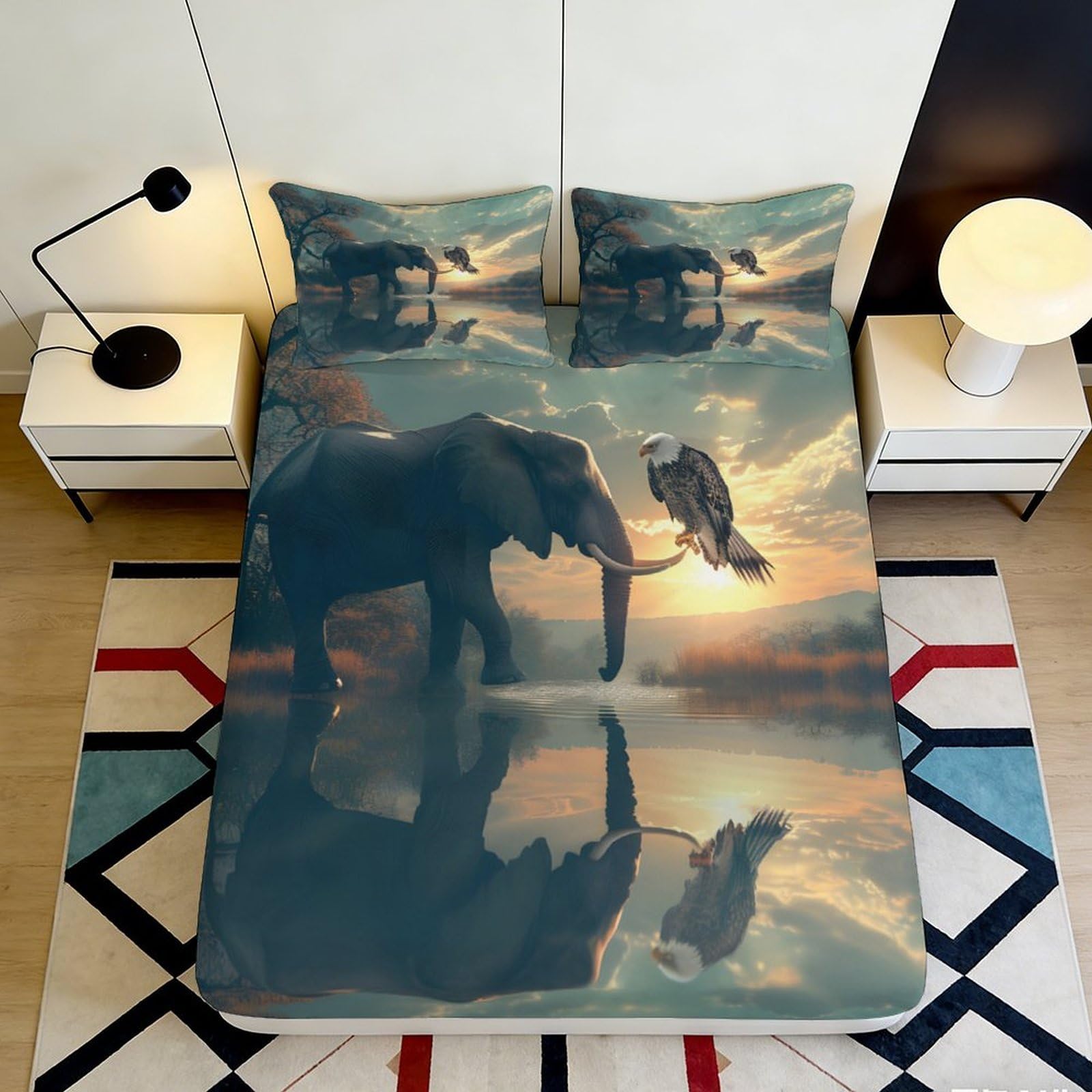 3D Printed Elephant Fitted Sheet Microfiber Non-Slip Deep Pocket Bedroom Bedding African Elephant Mattress Fitted Cover 90x200x25cm