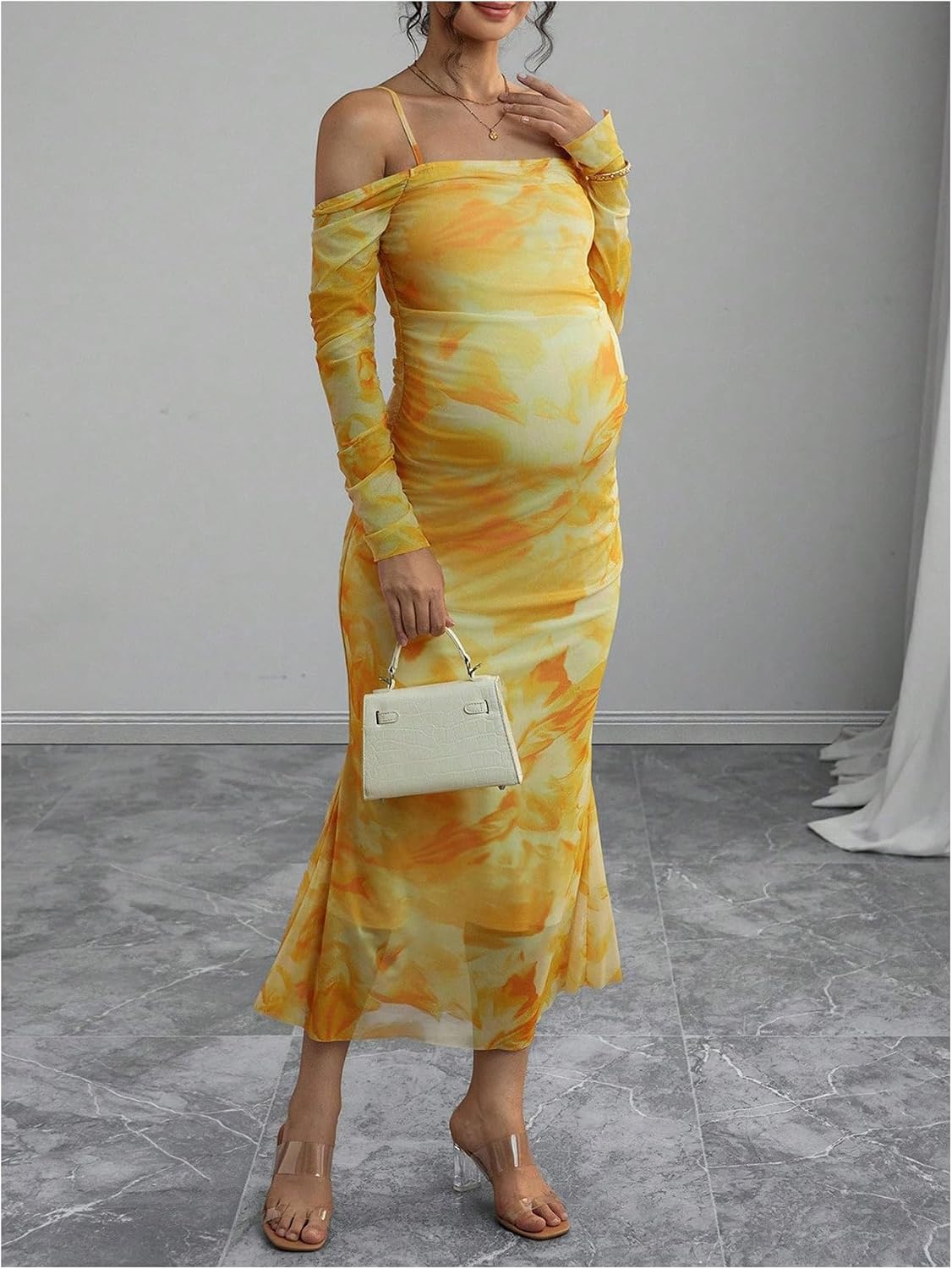OYOANGLE Women's Maternity Floral Dress Long Sleeve Off Shoulder Pregnancy Maxi Dresses