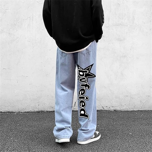 Orandesigne men hip hop jeans baggy straight leg Clearance