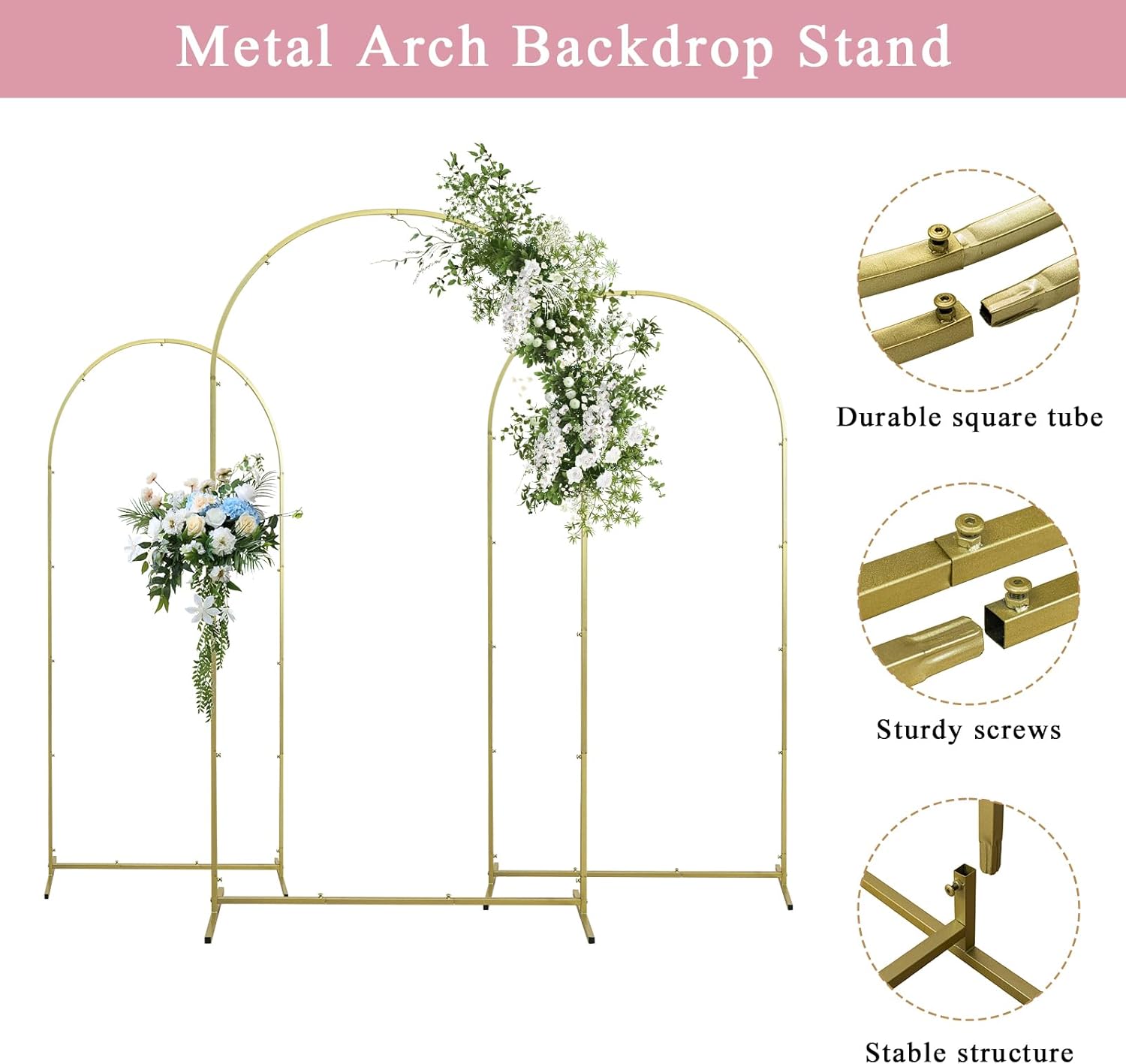 Wedding Arch Backdrop Stand, Gold Metal Arch Backdrop Stand for Wedding Baby Shower, Birthday, Anniversary, Graduation Garden Balloon Arch Decoration (Gold-5.9+6.6+7.2ft)