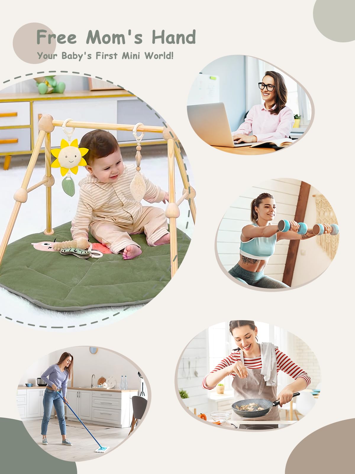 4 IN 1 Blatt Spielbogen Baby, Spielmatte Babies mit Natur Holz Activity Spielbogen, 3 abnehmbaren Spielzeugen zum Greifen, für ab 0-3-6-12-36 Monaten