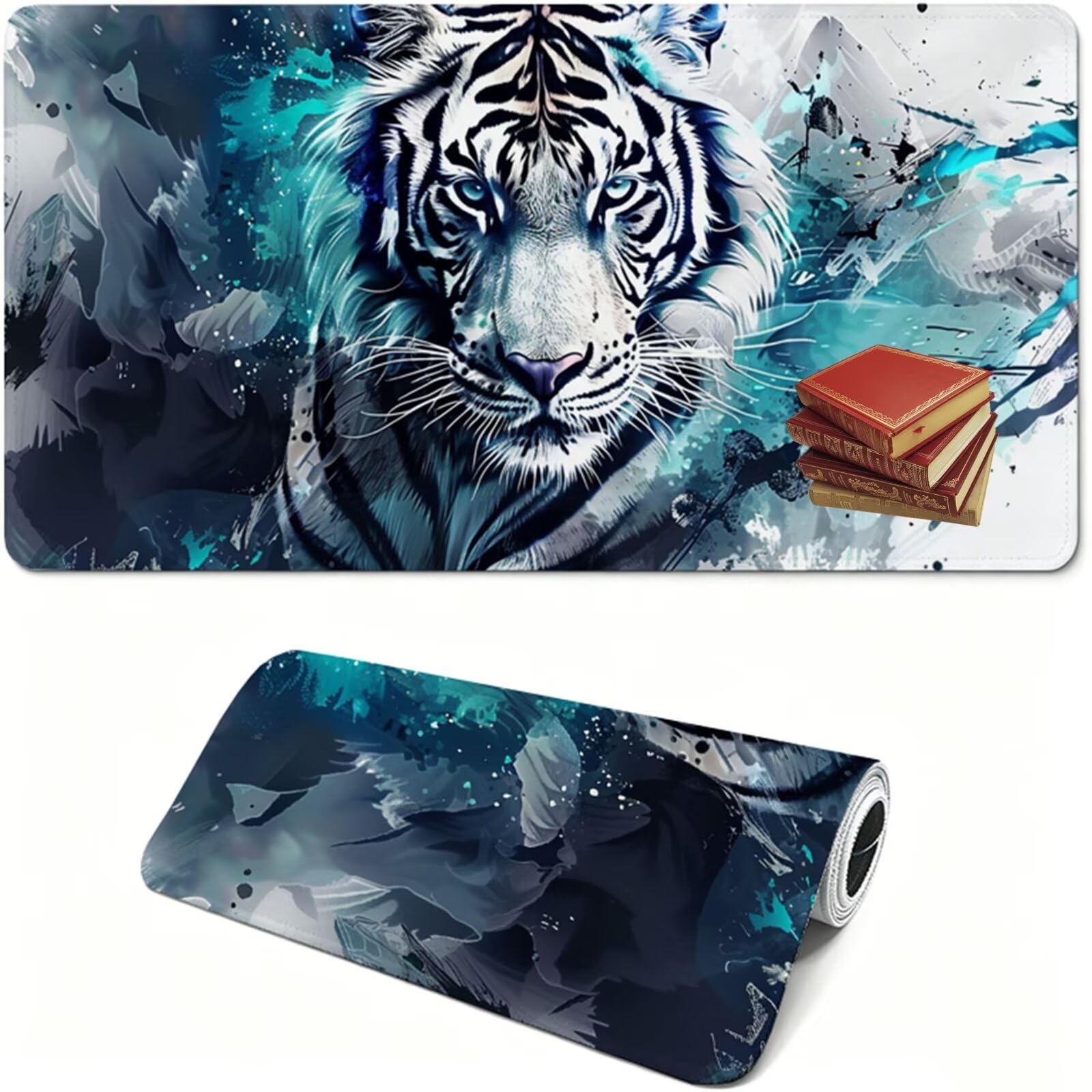 Tapis de Souris, 900 x 400 x 3 MM Tapis de Souris Bleu, Grand Tapis Souris de Jeu avec Tigre, Imperméable, Texturée Résistant à Usure Lavable, pour Gamer, la Maison et Le Bureau XF-472