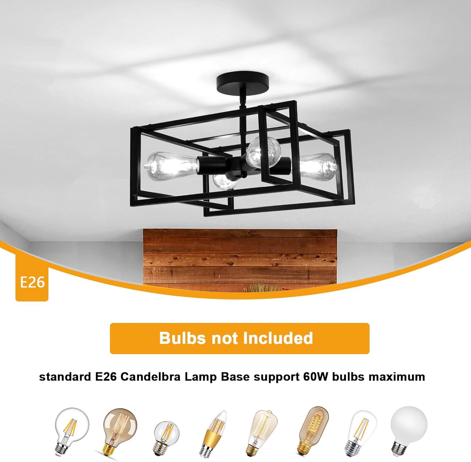DELIPOP 4-Light LED Ceiling Light Industrial Black Farmhouse, Semi Flush Mount Ceiling Light, Lighting for Dining Room Kitchen Hallway Island
