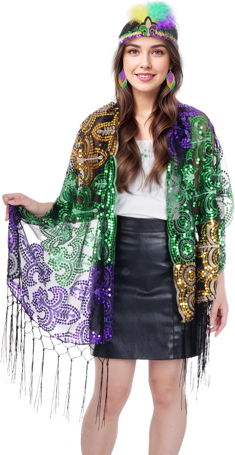 Mardi Gras Shawl Scarf Costume Accessories Set Mardi Gras Beads Headband Mask and Earrings for Women - Image 5