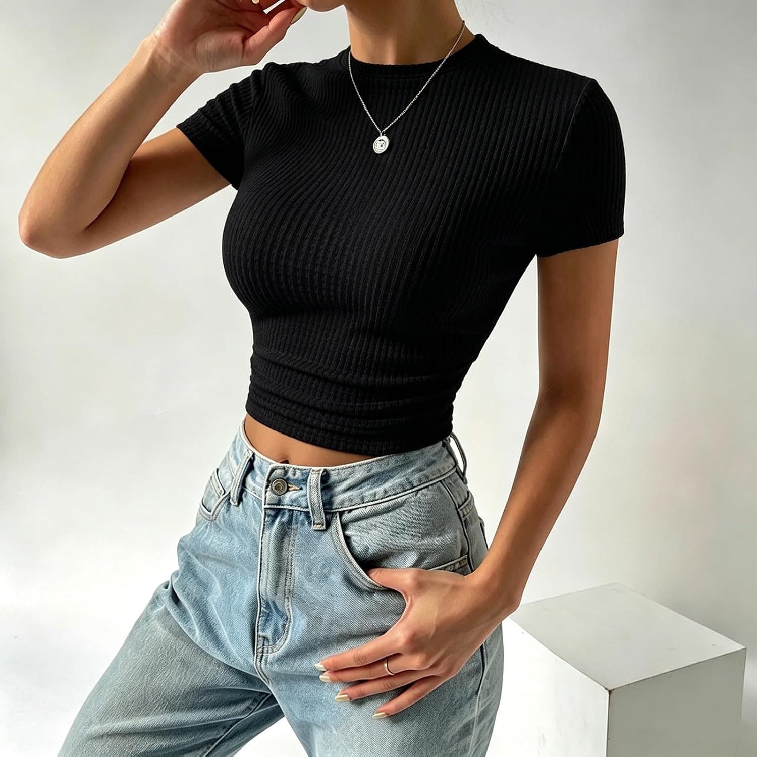 Women's Tops Dressy Casual Summer Crewneck Short Sleeve Sweaters Knit Solid Trendy Shirts Pleated Slimming Blouses