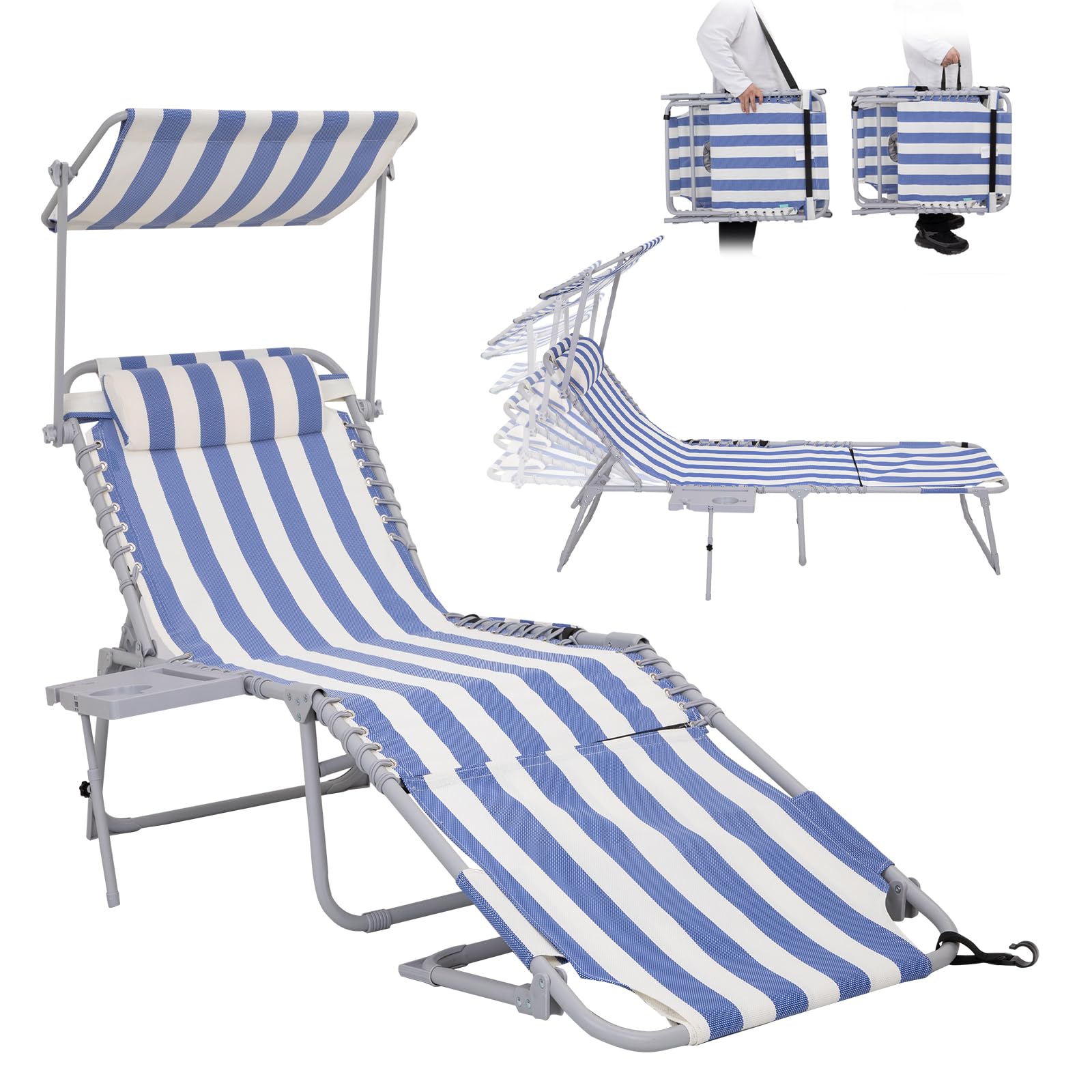 Photo 1 of #WEJOY Patio Chaise Lounge Chair with 5 Adjustable Position, Shade Canopy, Side Table, Face Holes Storage Pocket, Camping Cot, Outdoor Sunbathing Recliner for Poolside, Lawn Folding Beach Chairs Blue/White+canopy+face Hole