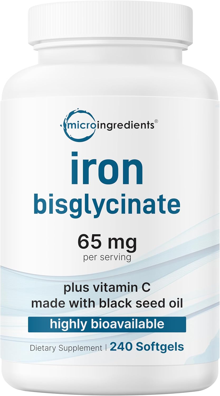 Micro Ingredients Ferrous Iron Bisglycinate 65 mg Per Serving, 240 Softgels