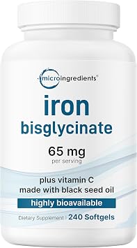 Micro Ingredients Ferrous Iron Bisglycinate 65 mg Per Serving, 240 Softgels | Chelated Iron Supplement with Vitamin C. Made with Black Seed Oil. For Women & Men. Non-GMO, Gluten Free, 3rd Party Tested.