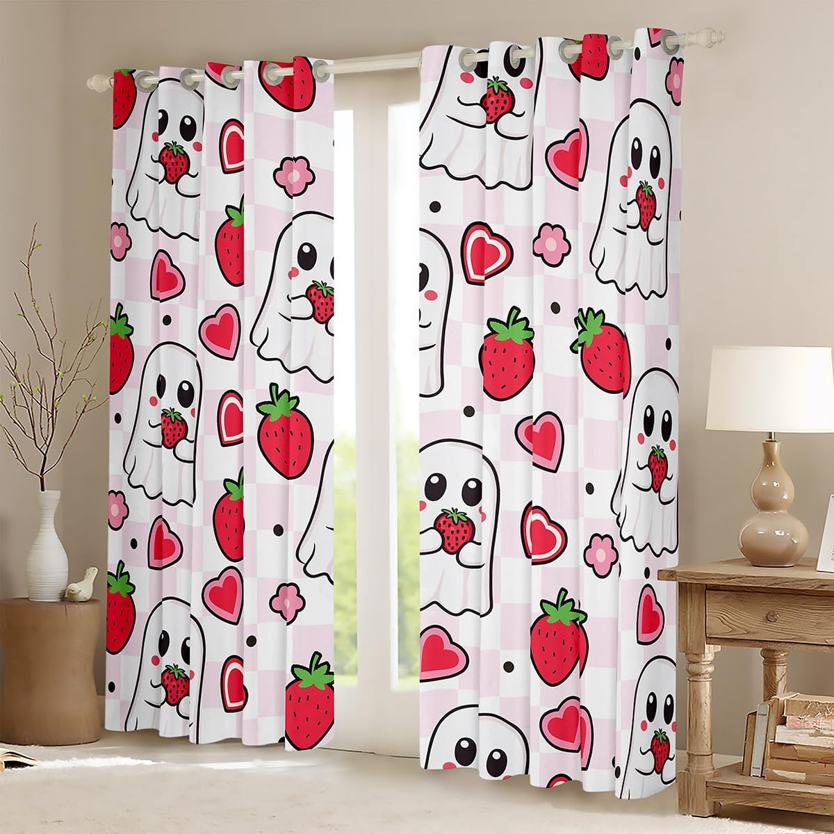 Cute Ghost Blackout Curtain Red Strawberry Heart Flower Window Drapes for Kids Girls Adults, Halloween Pink White Plaid Window Treatments, Grommet Top 2 Panel Set Bedroom Curtains, 42Wx84L inch