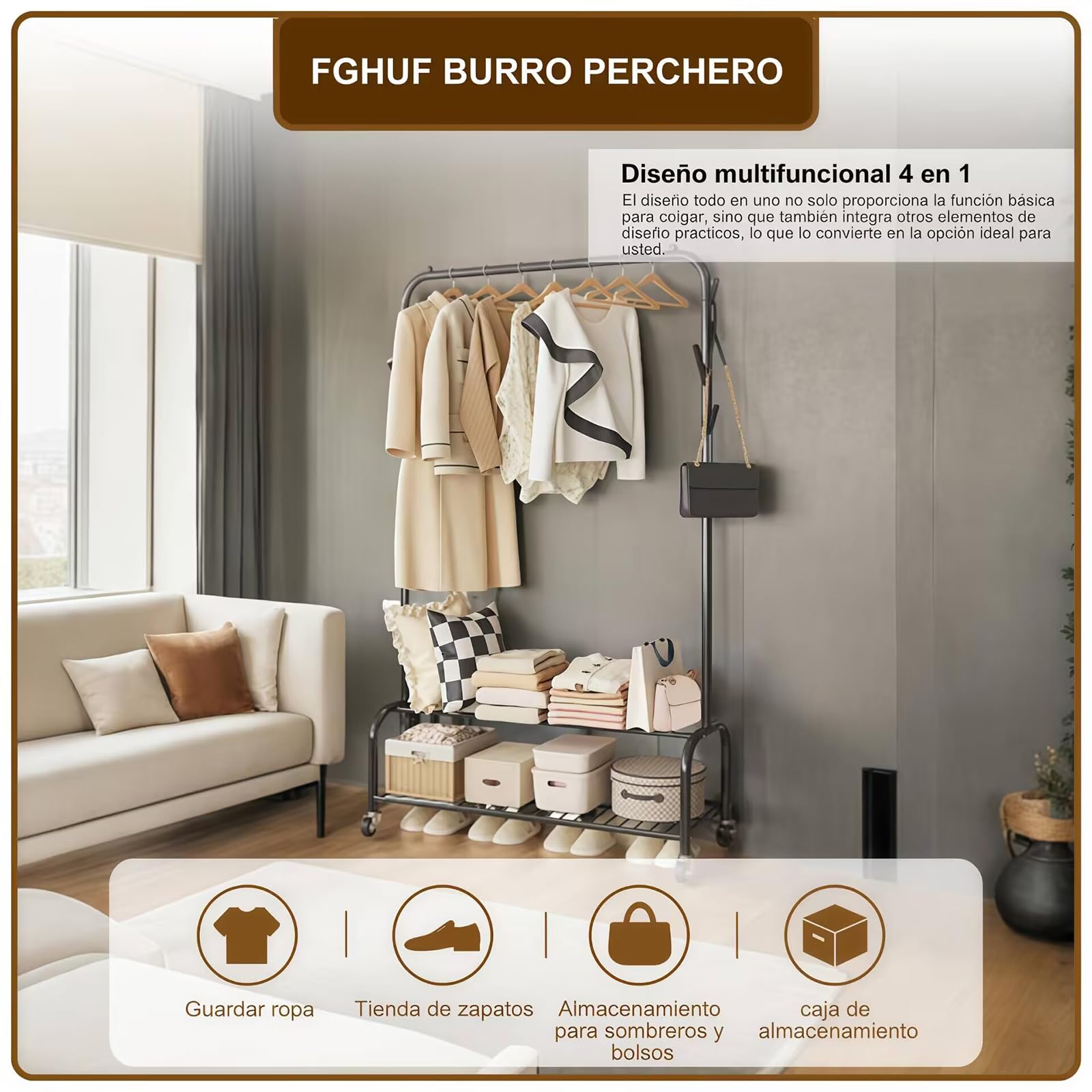 Perchero Metálico Con Ruedas, Burro De Ropa Resistente, Puede Guardar Ropa, Sombreros, Bolsos Y Zapatos (Negro, 90 cm)
