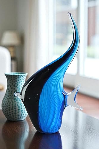 Miniatura 2 de NIFAO Glass Angelfish Figurine Blue Black Hand Blown Art Decor 6" x 3" x 9"H