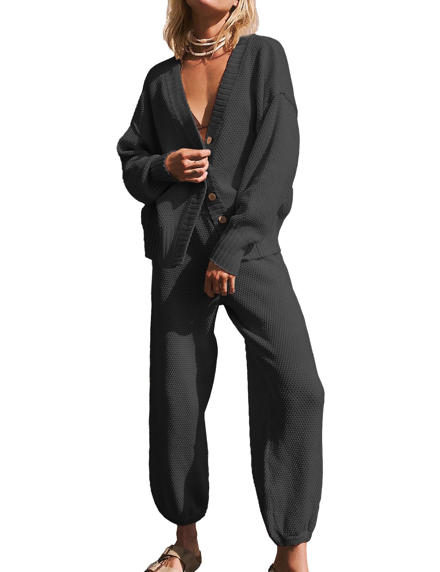 UgerlovWomen's Two Piece Outfits Sweater Sets Oversized Knit Cardigan and High Waisted Baggy Pants Matching Set Lounge Sets