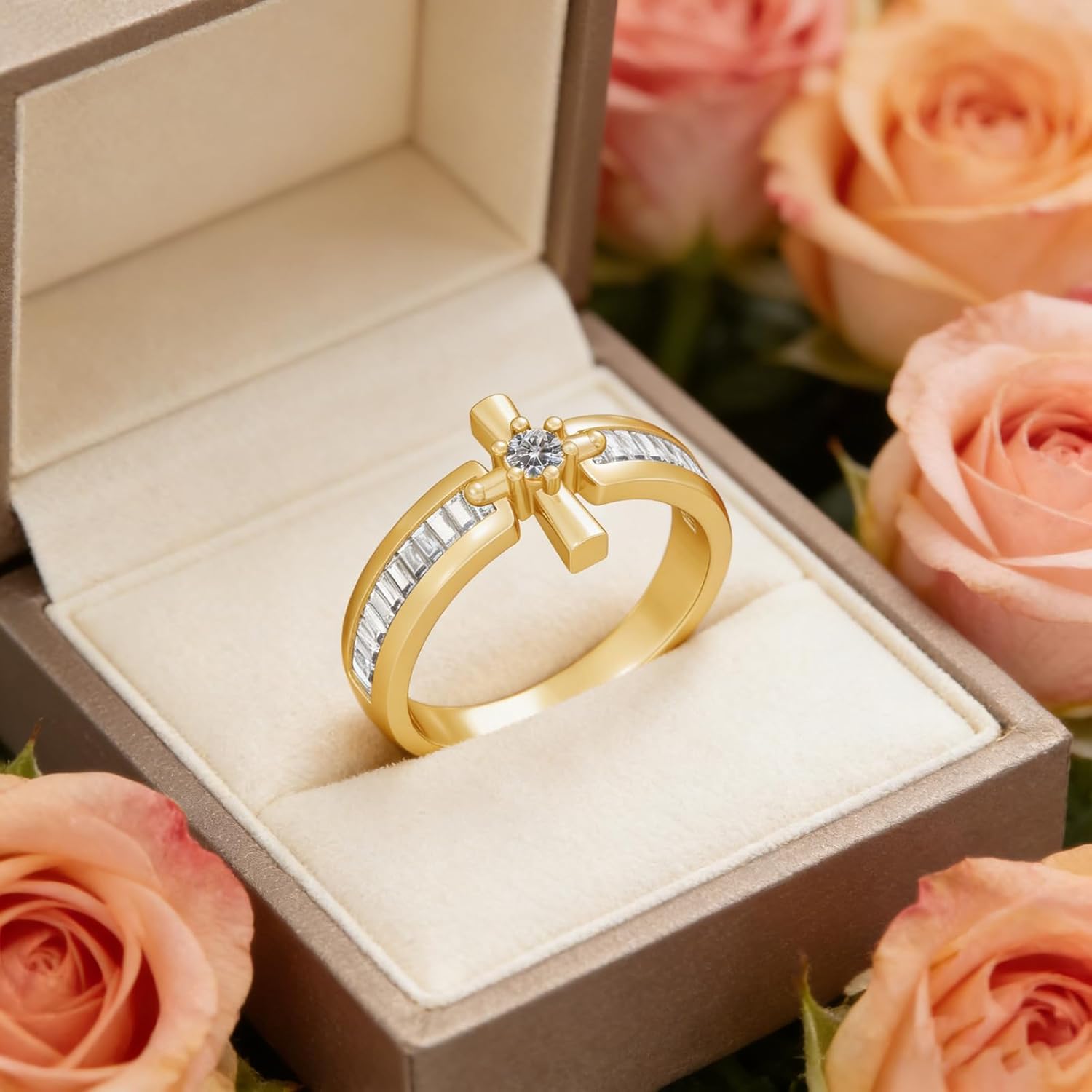 ROMANTICWORK Customized Cross Birthstone Ring 925 Sterling Silver Rose Gold-Plate Personalized Couple Rings Anniversary Birthday Gift for Women Girlfriend Wife or Husband